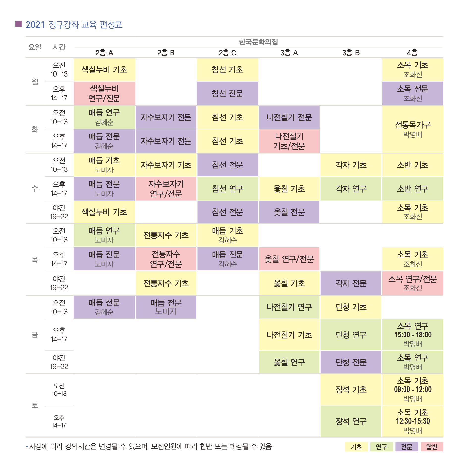 2021년 한국전통공예건축학교 정규강좌 시간표(자세한 내용 하단 참조)