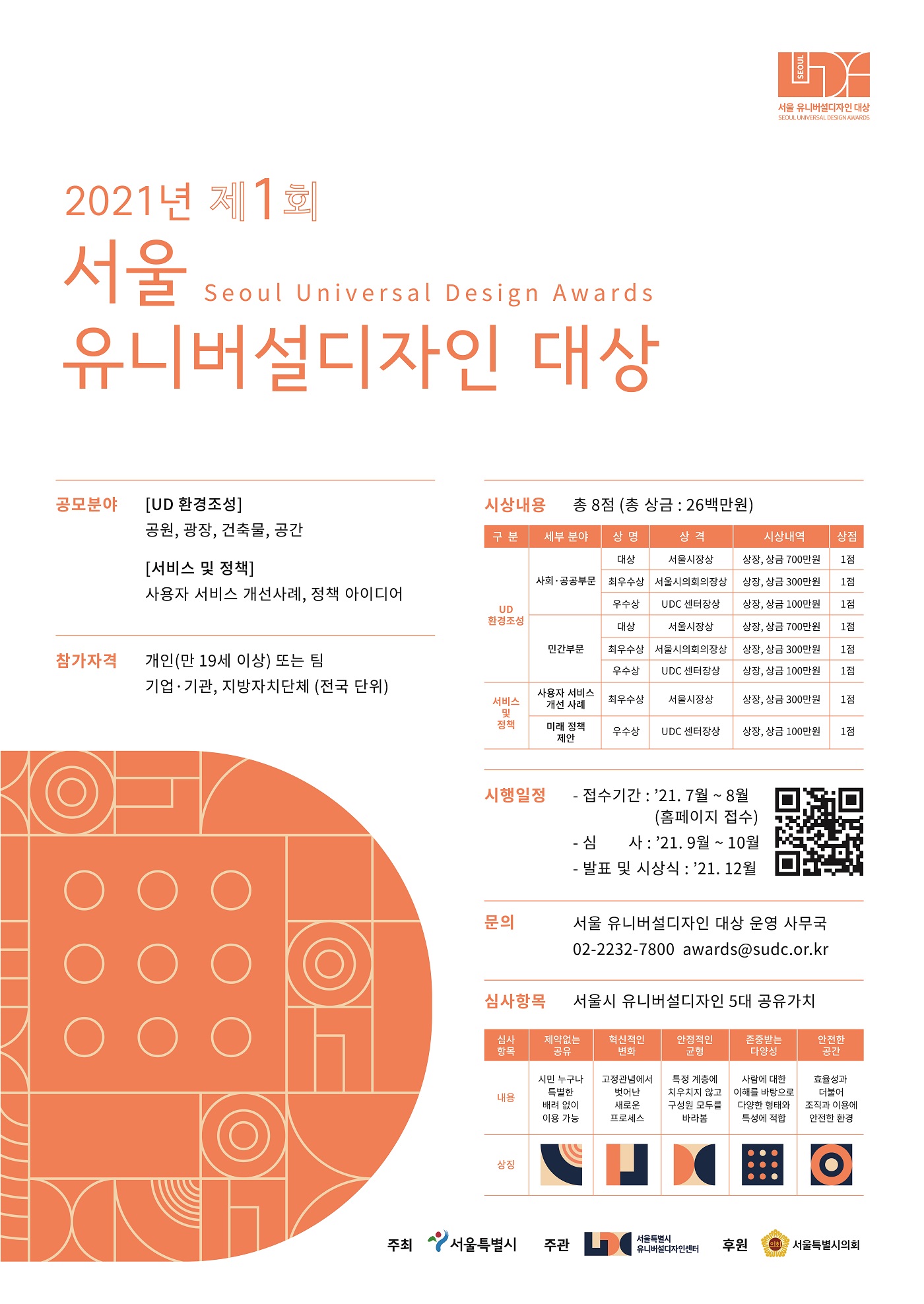  2021년 제 1회 서울 Seoul Universal Design Awards 유니버설디자인 대상 1.공모분야 [UD환경조성] - 공원, 광장, 건축물, 공간 [서비스 및 정채] - 사용자 서비스 개선사례, 정책 아이디어 2.참가자격 개인(만19세 이상)또는 팀 기업·기관, 지방자치단체(전국 단위) 3.시상내용 총 8점(총 상금 : 26백만원) 구분 : UD환경조성, 세부분야 : 사회·공공부문, 상명 : 대상, 상격 : 서울시장상, 시상내역 : 상장(상금 700만원), 상점 : 1점 구분 : UD환경조성, 세부분야 : 사회·공공부문, 상명 : 최우수상, 상격 : 서울시의회의장상, 시상내역 : 상장(상금 300만원), 상점 : 1점 구분 : UD환경조성, 세부분야 : 사회·공공부문, 상명 : 우수상, 상격 : UDC 센터장상, 시상내역 : 상장(상금 100만원), 상점 : 1점 구분 : UD환경조성, 세부분야 : 민간부문, 상명 : 대상, 상격 : 서울시장상, 시상내역 : 상장(상금 700만원), 상점 : 1점 구분 : UD환경조성, 세부분야 : 민간부문, 상명 : 최우수상, 상격 : 서울시의회의장상, 시상내역 : 상장(상금 300만원), 상점 : 1점 구분 : UD환경조성, 세부분야 : 민간부문, 상명 : 우수상, 상격 : UDC 센터장상, 시상내역 : 상장(상금 100만원), 상점 : 1점 구분 : 서비스 및 정책, 세부분야 : 사용자 서비스 개선 사례, 상명 : 최우수상, 상격 : 서울시장상, 시상내역 : 상장(상금 300만원), 상점 : 1점 구분 : 서비스 및 정책, 세부분야 : 미래 정책 제안, 상명 : 우수상, 상격 : UDC 센터장상, 시상내역 : 상장(상금 100만원), 상점 : 1점 4.시행일정 - 접수기간 : 21.7월 ~ 8월(홈페이지 접수) - 심사 : 21.9월 ~ 10월 - 발표 및 시상식 : 21.12월 5.문의 서울 유니버설 디자인 대상 운영 사무국 02-2232-7800 awards@sudc.or.kr 6.심사항목 서울시 유니버설 디자인 5대 공유가치 심사항목 : 내용, 제약없는 공유 : 시민 누구나 특별한 배려없이 이용가능, 혁신적인 변화 : 고정관념에서 벗어난 새로운 프로세스, 안정적인 균형 : 특정 계층에 치우치지 않고 구성원 모두를 바라봄, 존중받는 다양성 : 사람에 대한 이해를 바탕으로 다양한 형태와 특성에 적합, 안전한 공간 : 효율성과 더불어 조직과 이용에 안전한 환경 심사항목 : 상징, 제약없는공유 : 이미지1, 혁신적인 변화 : 이미지2, 안정적인 균형 : 이미지3, 존중받는 다양성 : 이미지4, 안전한 공간 : 이미지5 주최 - 서울특별시 주관 - 서울특별시 유니버설디자인센터 후원 - 서울특별시의회 